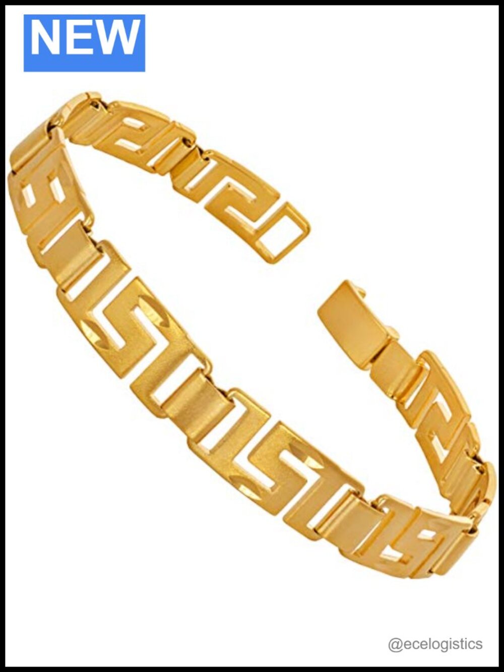 24k Gold Plated 8.5mm Greek Key Link Bracelet Diamond Cut Unisex